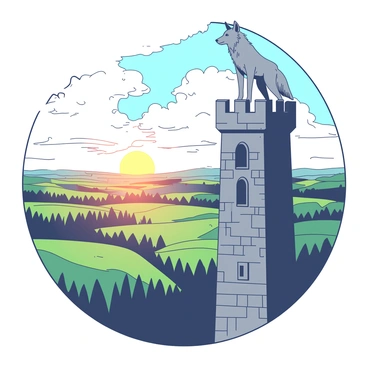 A gray wolf is perched majestically atop a tall medieval watchtower made of weathered stone. The watchtower features narrow arched windows and a crenellated roof. Below, vast stretches of green fields and dense forests are visible in the distance. The wolf stands alert with its head held high, gazing over the expansive landscape. The sky above is filled with fluffy white clouds drifting slowly. The scene is illuminated by the warm glow of the setting sun, casting long shadows across the tower and the land below.