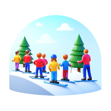 A group of beginner skiers wearing colorful ski outfits is gathered on a gentle snow-covered hill. They are attentively listening to an instructor who is demonstrating skiing techniques. Each skier has their skis positioned, ready for practice, while some hold ski poles. The hill slopes gently downward, and in the background, a few evergreen trees are dusted with snow. The sky above is clear with soft sunlight illuminating the scene, creating a cheerful atmosphere.
