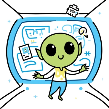 A futuristic alien mascot with vibrant green skin and large, expressive eyes is floating in zero gravity inside a sleek, metallic spaceship. The alien has an oversized head and small limbs, wearing a colorful jumpsuit adorned with glowing patterns. Various control panels and screens are visible in the background, displaying star maps and alien symbols. The soft ambient lighting of the spaceship creates a captivating atmosphere around the mascot as it playfully spins and interacts with floating tools and gadgets.