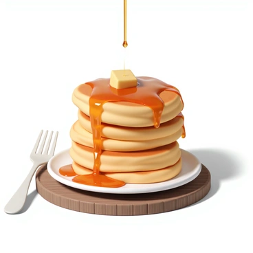 A tall stack of golden-brown pancakes, perfectly cooked and fluffy, sits on a white ceramic plate. Thick maple syrup is being poured over the pancakes, cascading down the sides and forming glossy droplets that catch the light. The syrup is a rich amber color, glistening as it flows smoothly over the pancakes. A small pat of butter is melting on top of the stack, creating a creamy texture that blends with the syrup. The scene is set on a rustic wooden table, with a fork resting beside the plate, ready for a delicious breakfast.