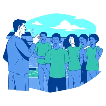 A blue team captain stands confidently at the front of a huddle, speaking passionately to the players around him. The players, wearing matching teal jerseys and shorts, are gathered closely, listening intently. The captain gestures with his hands, emphasizing key points of his motivational speech. The backdrop shows a vibrant sports field with a bright sky above, creating an atmosphere of excitement and determination. Each player displays a focused expression, ready to take on the challenge ahead.