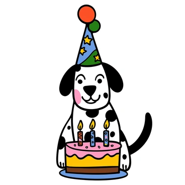 A spotted Dalmatian with black patches sitting proudly, wearing a colorful party hat adorned with stars and balloons. In front of the Dalmatian is a vibrant birthday cake decorated with bright frosting, lit candles, and festive sprinkles. The scene conveys a joyful celebration, with the Dalmatian looking excited and ready to enjoy the festivities.