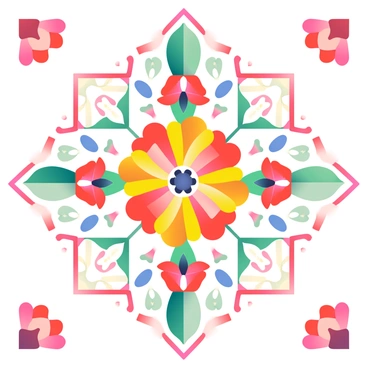 A decorative Aztec floral motif features a variety of flowers in vibrant colors, including deep reds, bright yellows, and lush greens. The flowers are arranged in a symmetrical pattern that emphasizes geometric shapes, such as triangles and diamonds, surrounding them. The background is adorned with intricate lines and borders that highlight the floral design. Each flower has distinct petals and intricate details, enhancing the overall visual complexity of the motif. The geometric patterns interlock seamlessly, creating a harmonious balance between floral and abstract elements.