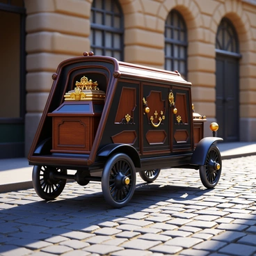 A vintage hearse with intricate woodwork and dark, polished surfaces is transporting an ornate coffin adorned with gold embellishments. The coffin is securely placed in the back of the hearse, which features large, gothic-style wheels. The cobblestone streets are uneven and lined with old, stone buildings that have an aged, weathered appearance. The scene is illuminated by soft, ambient light casting shadows on the cobblestones as the hearse moves quietly through the historic setting.