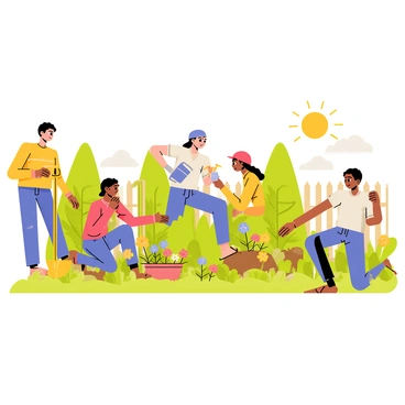 A diverse group of people working together in a community garden. One person is using a yellow shovel to dig into the soil. Another individual, wearing a red hat, is holding a pair of pruning shears while tending to a bush. A third person is kneeling beside a flower bed, planting colorful seedlings with a small trowel. Nearby, a person is watering the plants using a bright green watering can. The garden is filled with a variety of vibrant flowers and leafy vegetables, and a wooden fence surrounds the area. Sunlight is shining down, creating a cheerful atmosphere.