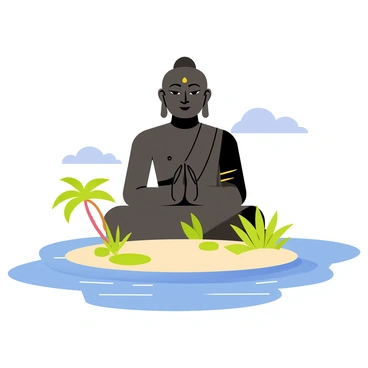 A large "Adiyogi statue" with a serene expression stands prominently on a small island. The statue is depicted in dark stone, showcasing intricate details in its features. Surrounding the island are "turquoise waters" that sparkle under the sunlight, creating a vibrant contrast against the dark statue. The island is adorned with patches of "green grass" and a few "tropical plants" scattered around, adding a touch of life to the scene. In the background, a clear blue sky stretches out, enhancing the tranquil atmosphere of the setting.