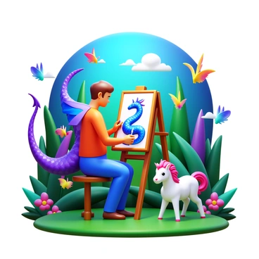 A fantasy artist in a magical realm, focused on creating illustrations of mystical creatures. The artist is using a paintbrush to detail a dragon with shimmering scales and large wings. Colorful fairies with delicate wings flit around the artist, while a unicorn with a flowing mane stands nearby. The background features lush, enchanted forests and glowing plants, enhancing the magical atmosphere of the scene.
