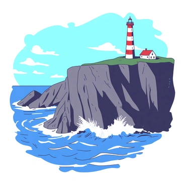 A dramatic scene of steep seaside cliffs rising sharply from the ocean. The cliffs are rugged and textured, showing various shades of gray and brown. Below, powerful waves crash violently against the rocks, sending up white sprays of water that glisten in the sunlight. Atop the highest point of the cliff, there stands a tall lighthouse, painted in vibrant red and white stripes. The lighthouse features a shining beacon at the top, illuminating the surrounding area. A clear blue sky stretches above, with a few wispy clouds scattered throughout.
