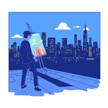 An artist illustrating the NYC skyline at night with glowing city lights
