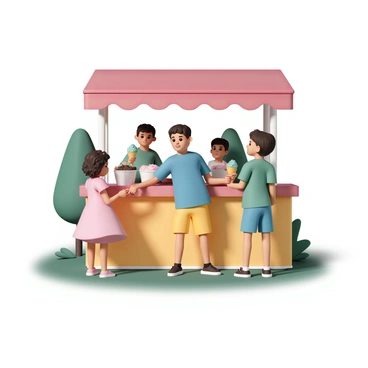 A colorful ice cream stand with a bright red canopy and an assortment of ice cream flavors displayed in clear tubs. The stand is surrounded by a sunny park scene with green grass and trees in the background. Several children are gathered around the stand, with one child wearing a blue t-shirt and yellow shorts, pointing excitedly at the flavors. Another child, wearing a pink dress, holds a cone with a scoop of mint chocolate chip ice cream, while a third child, dressed in a green shirt, contemplates which flavor to choose. Their expressions show eagerness and delight as they enjoy the warm sunny day.