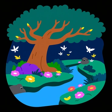 A vibrant mural depicting a fantasy forest filled with various magical creatures. A large, whimsical tree with wide, twisting branches dominates the scene, adorned with colorful, glowing leaves. Small fairies with translucent wings flit around the tree, leaving trails of sparkles in their wake. Luminescent flowers in vivid colors bloom around the forest floor, casting a soft glow on the surrounding area. A gentle stream flows through the scene, reflecting the light from the plants above. In the background, shadowy figures of fantastical animals can be seen peeking through the foliage, adding to the enchanting atmosphere.
