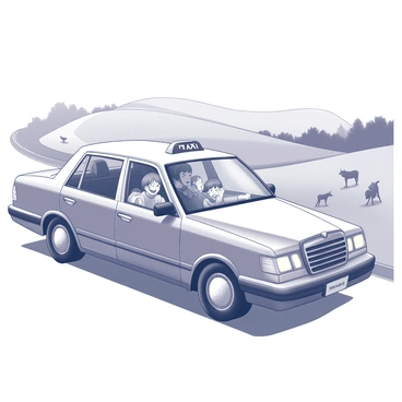 A taxi driving through scenic countryside with a family enjoying the view
