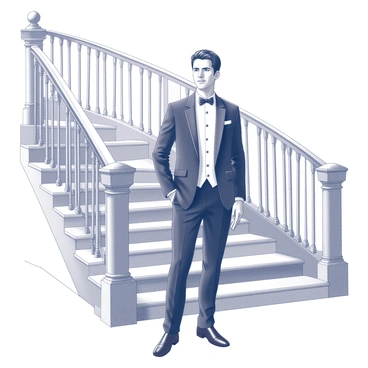 A man dressed in a sharp tuxedo stands confidently near a grand staircase. The staircase is elegantly curved, featuring ornate railings and a polished wooden banister. The man has neatly combed hair and a poised posture, embodying sophistication. Shadows and highlights accentuate the details of the tuxedo and the architecture of the staircase. The overall composition conveys a sense of elegance and grandeur.
