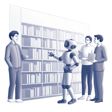 A humanoid robot with a sleek design and a friendly expression is interacting with two patrons in a library. The robot has articulated arms extended towards a bookshelf, pointing to various titles that are neatly arranged. The first patron, a young woman, is smiling and leaning slightly forward, showing her interest in the selection. The second patron, an older man, is observing the robot with a look of curiosity, holding a book in one hand. The background features rows of bookshelves filled with books, and warm lighting enhances the inviting atmosphere of the library.