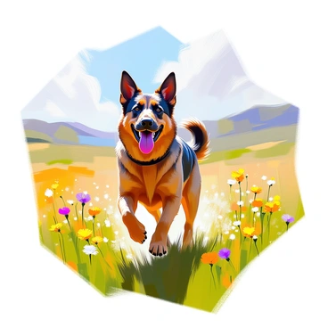 A playful German Shepherd dog with a shiny black and tan coat is running joyfully through a vibrant green meadow. The dog has its ears perked up and its tongue out, displaying an expression of excitement. Wildflowers of various colors, such as yellow, purple, and white, are scattered throughout the meadow, adding splashes of color to the landscape. The sun is shining brightly, casting soft shadows on the grass as the dog bounds through the open space, with a backdrop of gentle rolling hills in the distance.