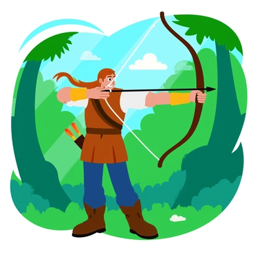 An ancient archer standing poised to shoot, with a forest backdrop