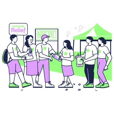 A group of volunteers is standing in a hot outdoor environment, distributing bottled water to affected residents. Each volunteer is wearing a light-colored t-shirt with a logo on it, and they are actively handing out bottles. The residents, who appear grateful, are reaching out to receive the water. In the background, there are signs indicating a community relief effort, along with a few shaded tents providing respite from the sun. The ground is covered with dust, and there are a few scattered items such as backpacks and empty bottles. Some of the volunteers are smiling and engaging in conversation with the residents.