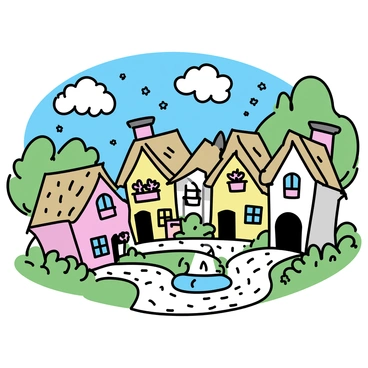 A charming fairytale village with whimsical cottages made of colorful timber and thatched roofs. Each cottage features unique designs, with windows adorned with flower boxes filled with bright blooms. The cobblestone streets are narrow and curvy, winding through the village and leading to a small fountain at the center. Lush greenery surrounds the cottages, with trees and bushes adding to the enchanting atmosphere. A clear blue sky filled with fluffy clouds can be seen overhead.