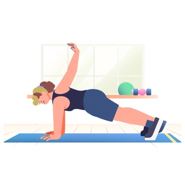 A fitness trainer with a fit build and light brown hair is demonstrating a side plank exercise on a blue yoga mat. The trainer is wearing a black tank top and navy blue shorts. Her left arm is extended directly beneath her shoulder, providing support, while her right arm is raised straight up towards the ceiling. Her body is in a straight line from head to heels, emphasizing proper form. In the background, there are various fitness equipment items, such as dumbbells and a stability ball, placed neatly on a wooden floor. Natural light is streaming in through a window, adding a warm glow to the scene.