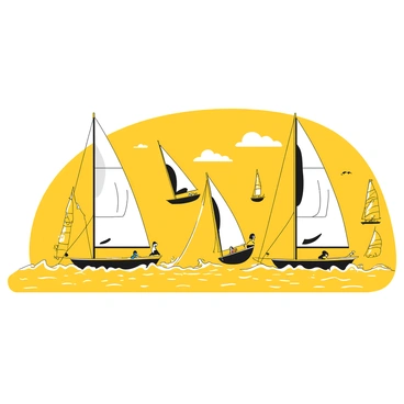 A group of sailboats with white sails gliding across the water during a regatta. Each sailboat is of different sizes, some with crew members in brightly colored outfits adjusting the sails and navigating. The water below is textured, reflecting the sunlight with a shimmering effect. In the background, a line of trees can be seen along the shore, while a few clouds can be spotted in the sky above. The scene captures the dynamic motion of the boats racing against each other.