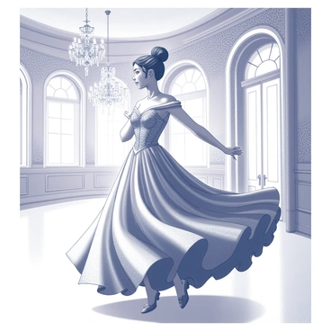 A princess is gracefully dancing in a large ballroom. She is wearing a voluminous ball gown that shimmers with intricate details. The gown flows elegantly around her as she twirls. The ballroom features high ceilings with ornate chandeliers hanging from above, illuminating the scene. Elaborate decorations adorn the walls, and large windows allow soft light to filter in. The floor is polished, reflecting the princess and her gown as she moves.