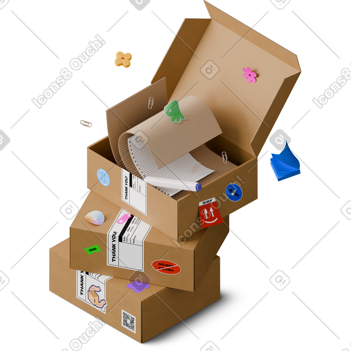 3D Hygge スタイルの Isometric view of stack boxes and open box with papers のイラストをPNG、SVG形式でダウンロード