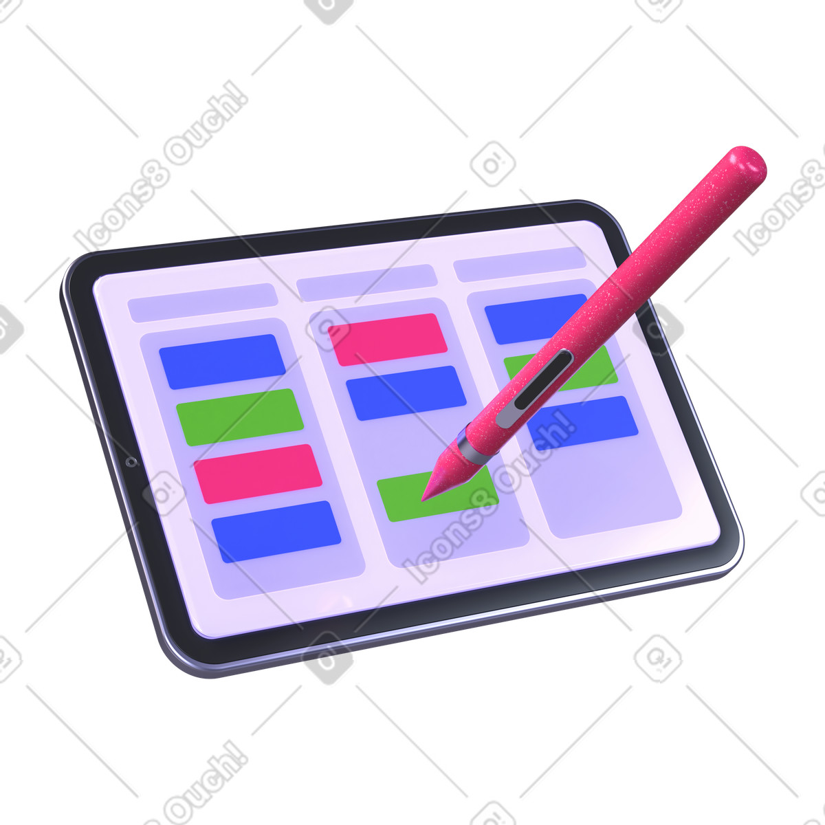 Illustration Tableau kanban sur tablette avec stylet dans le style 3D Boost à télécharger aux formats PNG, SVG