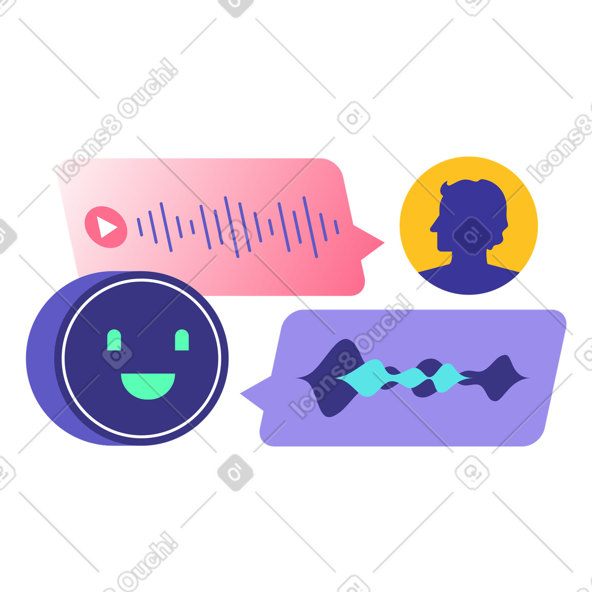 AI voice assistant interaction, speech recognition technology, customer support automation illustration in PNG, SVG