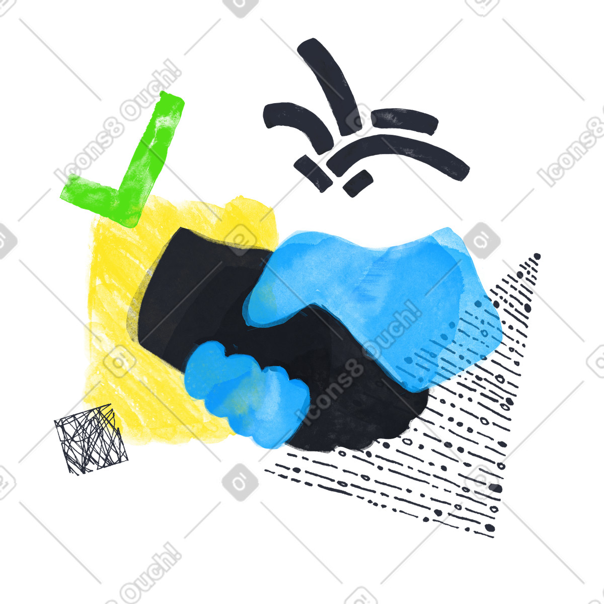 Stretta di mano con segno spunta, suggellamento dell'affare commerciale illustrazione in stile Inky scarica in PNG, SVG