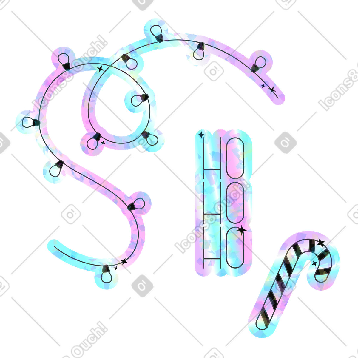 Christmas string lights and candy cane illustration in Holostickers style download in PNG, SVG