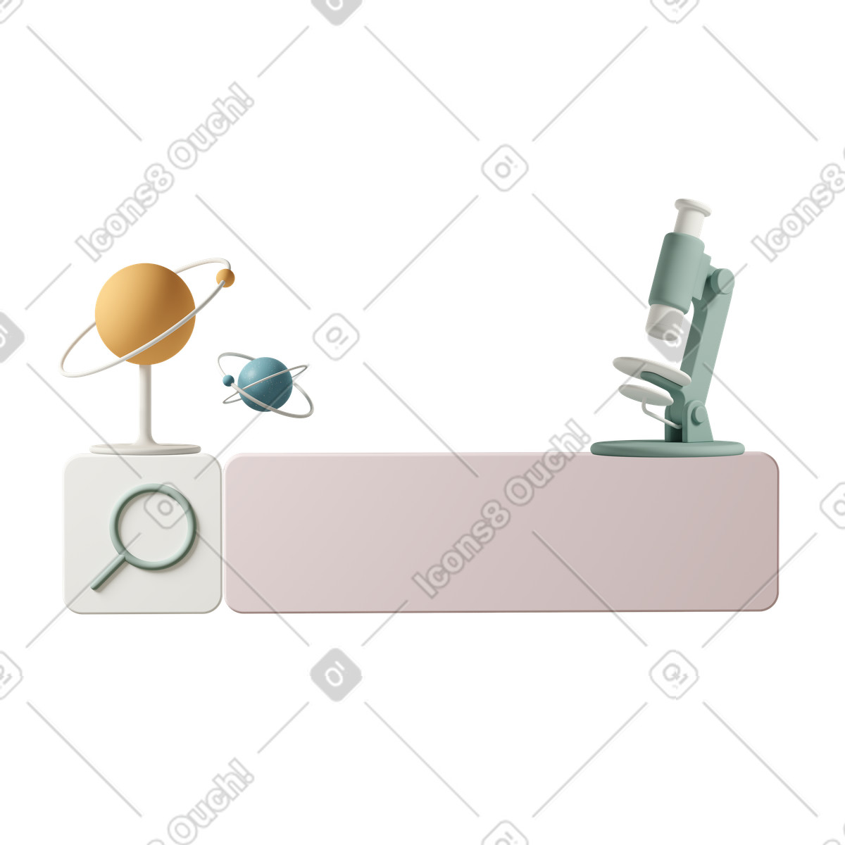 下载 3D Casual life 风格的 Search bar with microscope and miniature planets 插画，支持 PNG、SVG 格式