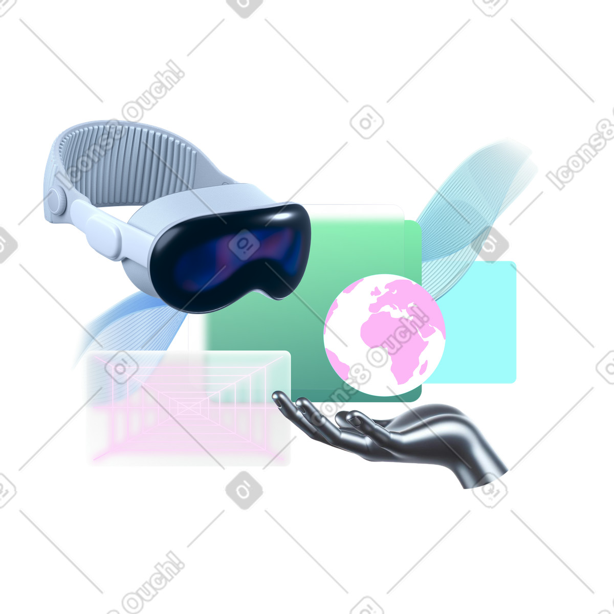 Virtual reality headset and digital interface illustration in Chromed style download in PNG, SVG
