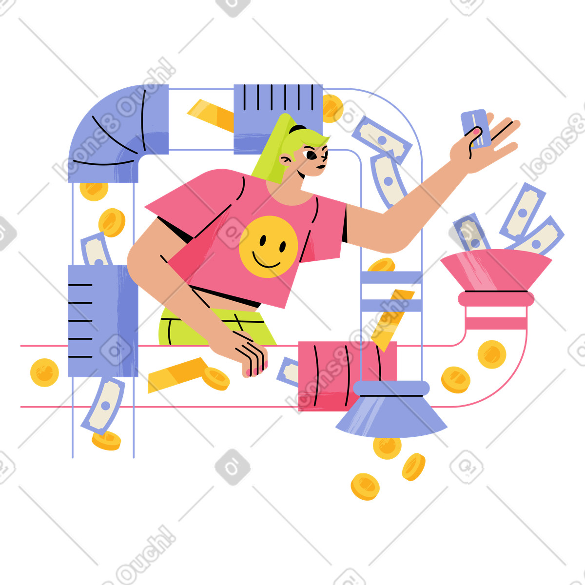 Shopper with credit card surrounded by cash streams, Online payment or digital banking animated illustration in Juicy style download in GIF, Lottie (JSON), AE