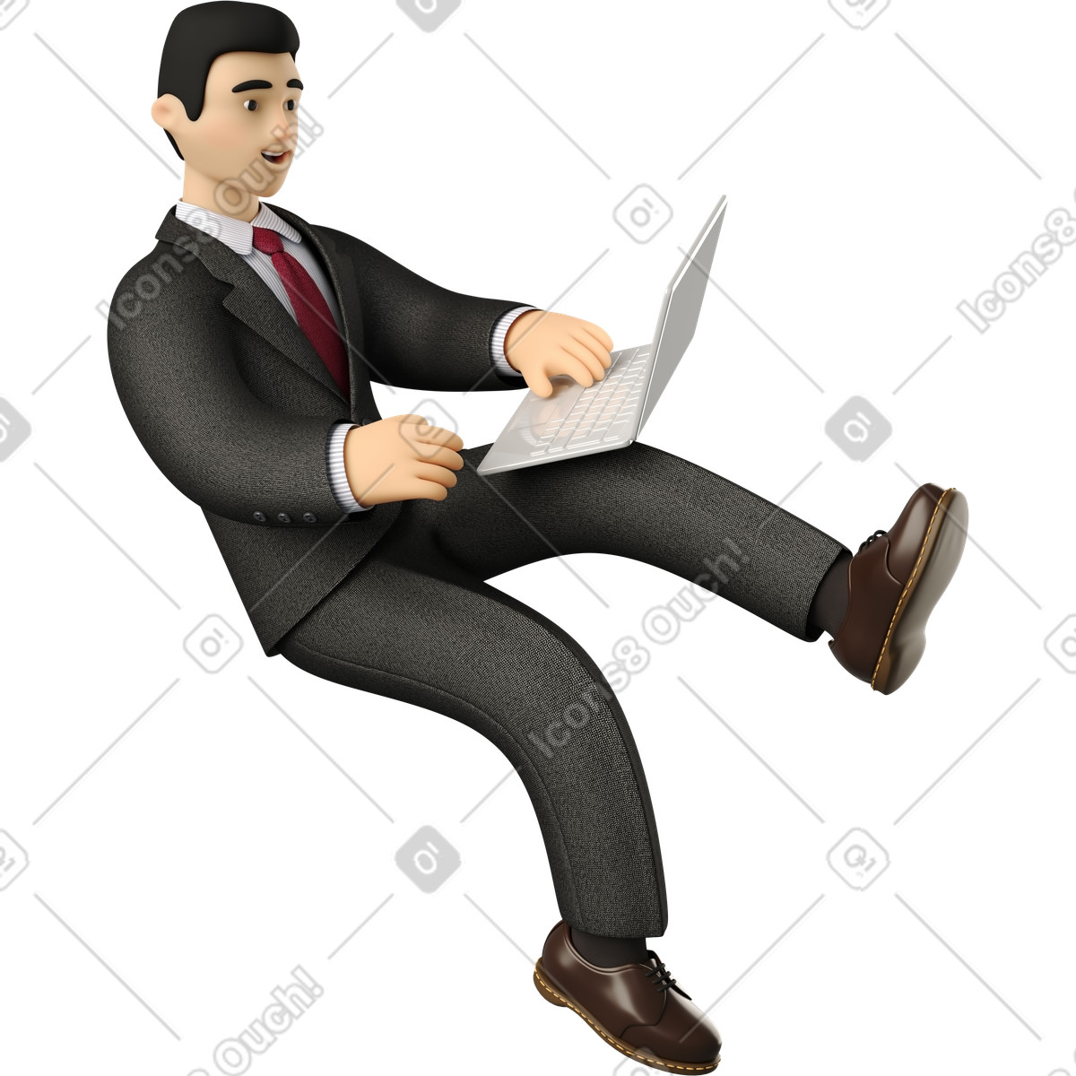 Seated businessman in black suit with laptop-Illustration im 3D Business-Stil als Download PNG, SVG