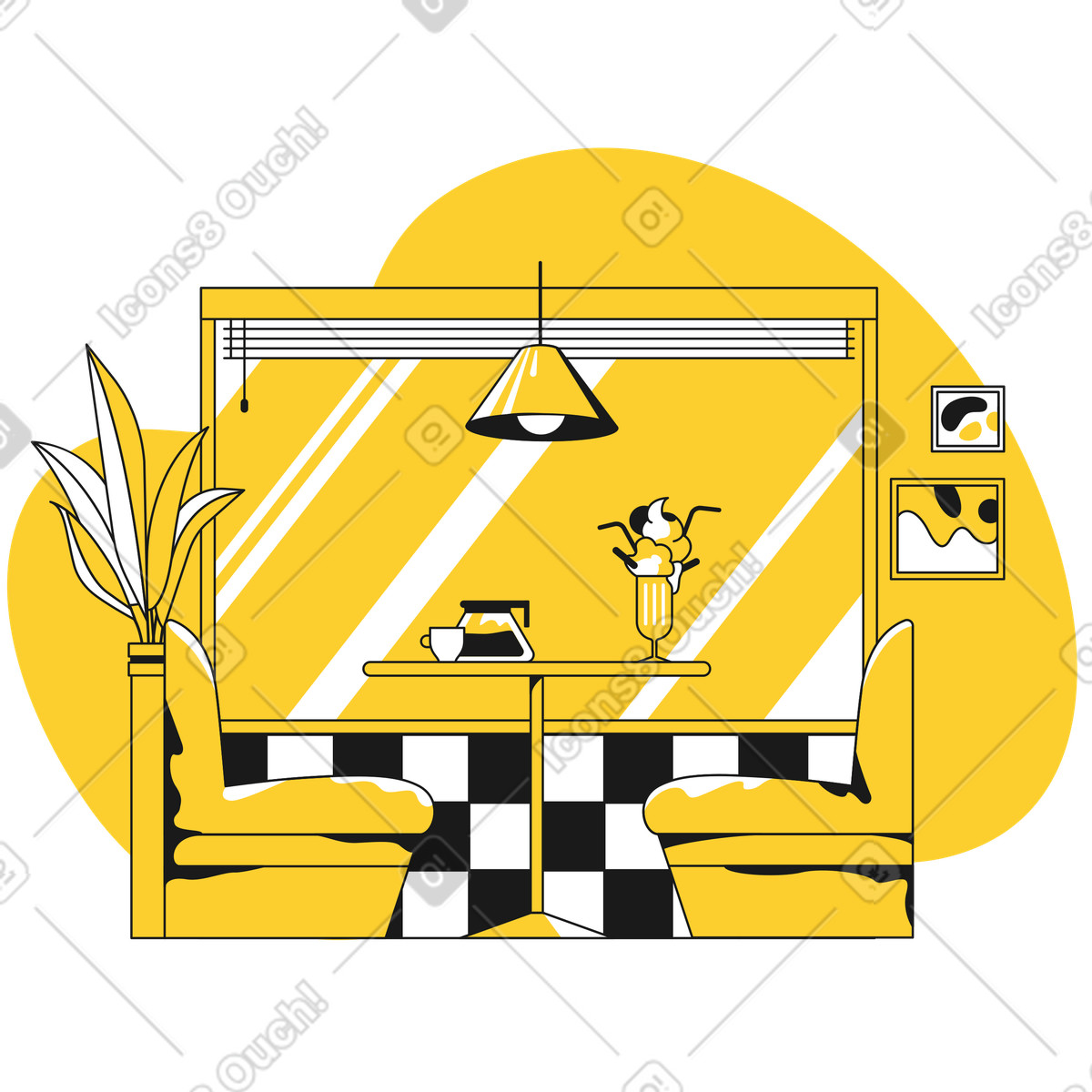 Interno di un tavolo da pranzo con caffè e gelato illustrazione in stile Taxi scarica in PNG, SVG