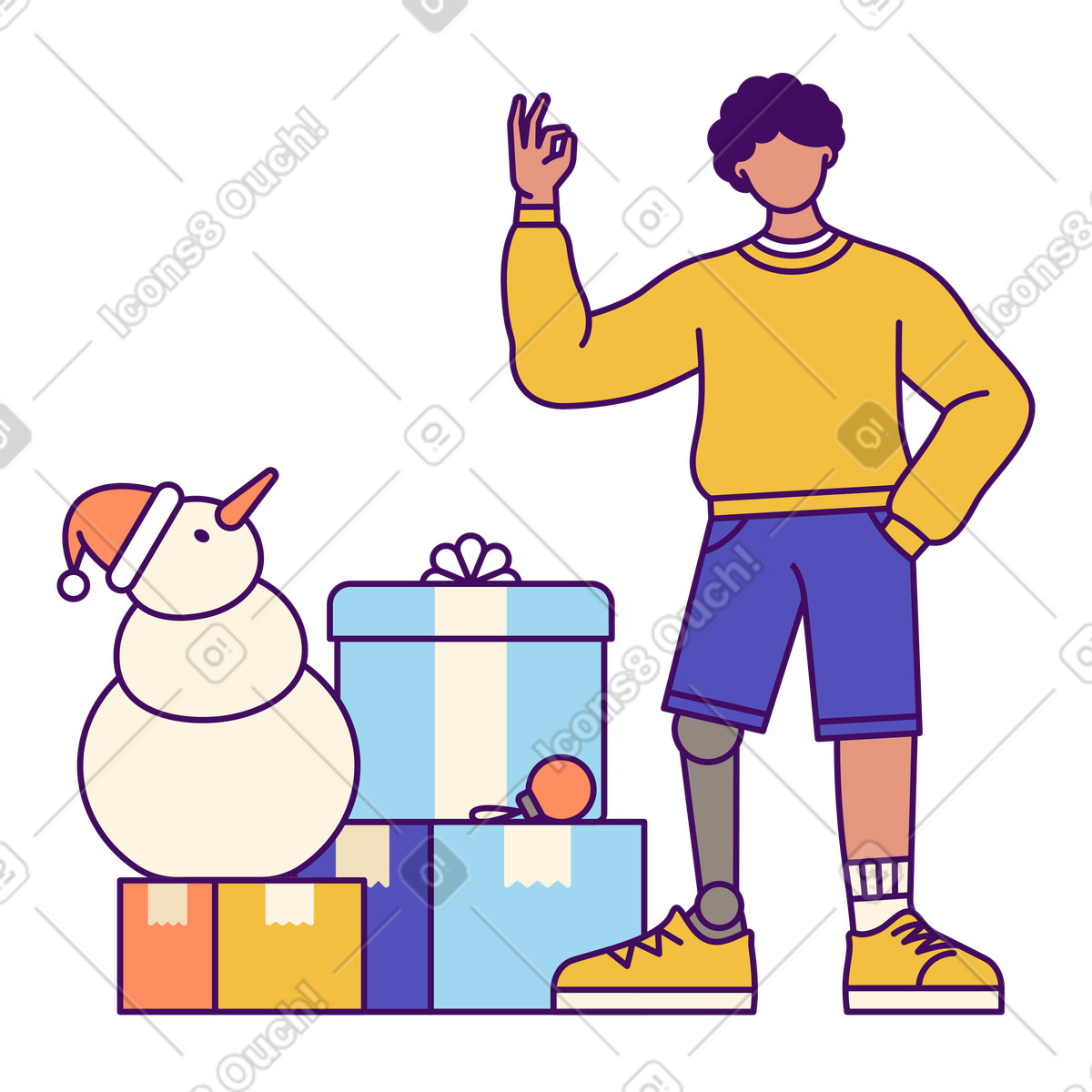 Illustration Snowman and Christmas decorations, party preparation dans le style Simplistic à télécharger aux formats PNG, SVG