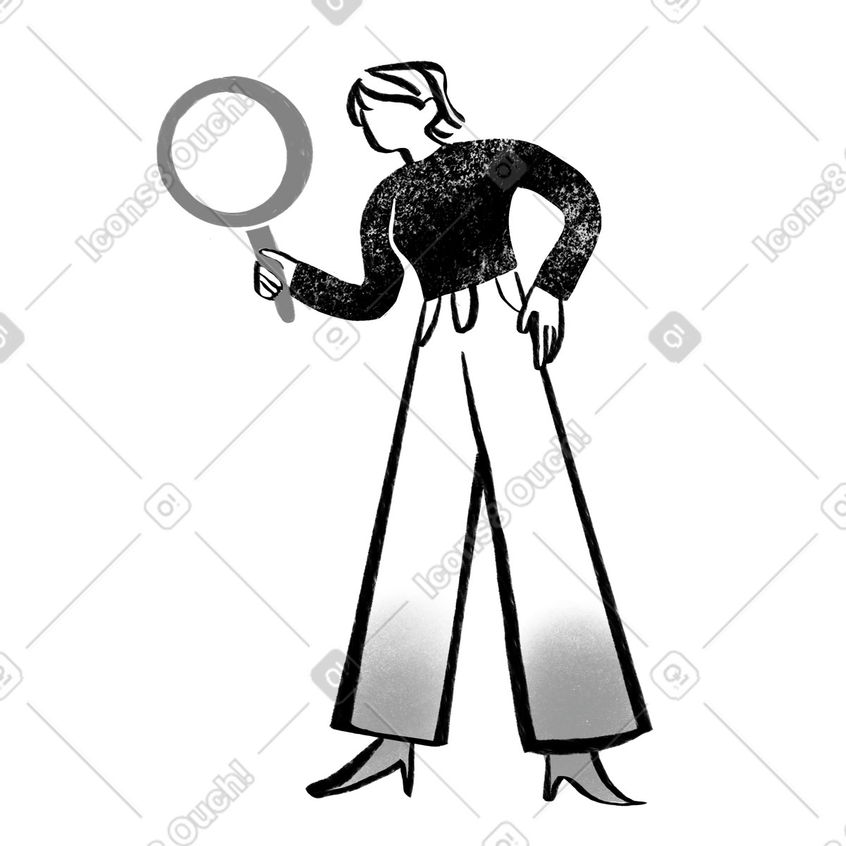 Black and white woman searching with magnifying glass illustration in Company style download in PNG, SVG