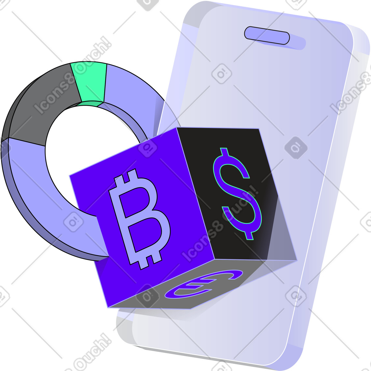 Ilustración Smartphone, gráfico circular y monedas en estilo Incut a descargar en PNG SVG