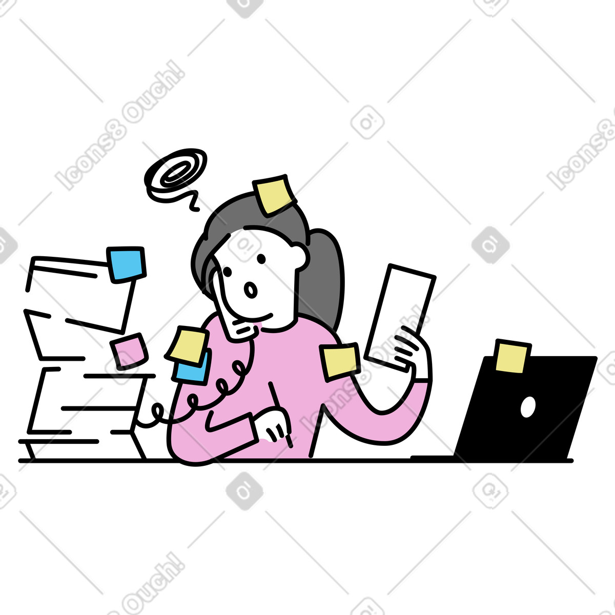 Person handling calls and documents, Office stress workload illustration in Mochi style download in PNG, SVG