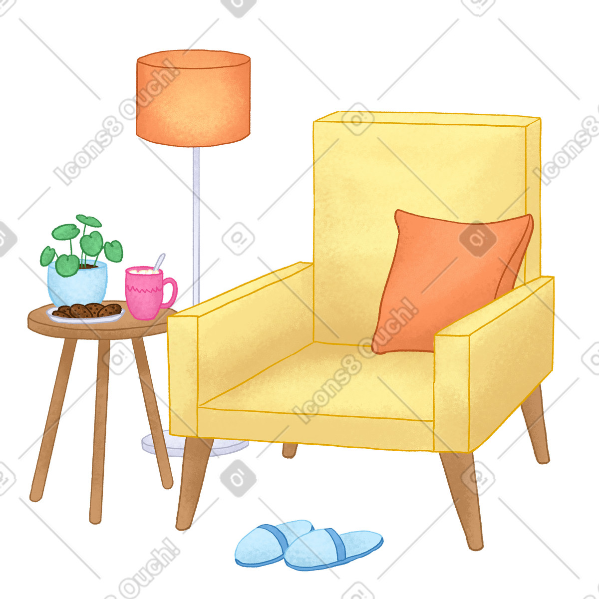 Illustration Fauteuil cosy, table basse et lampadaire dans le style Hue à télécharger aux formats PNG, SVG