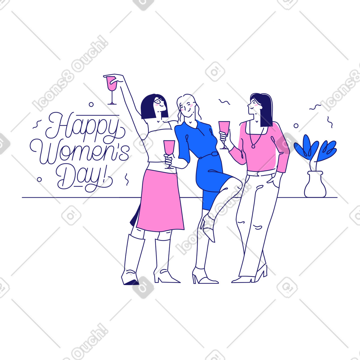 Felice giorno delle donne! con le donne in festa illustrazione stile Matey scarica PNG, SVG