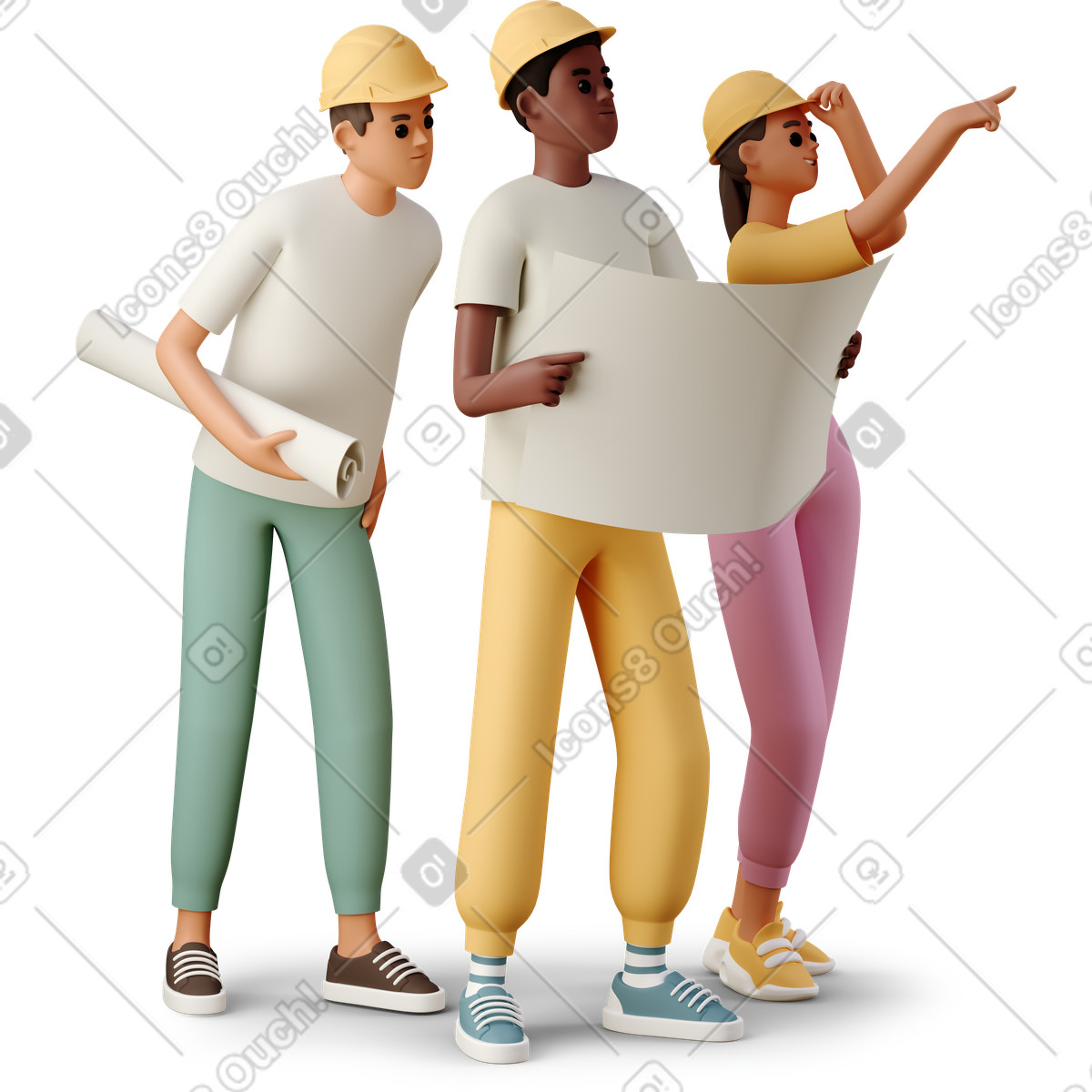 Ilustração de Young people in helmets holding blueprint em PNG e SVG