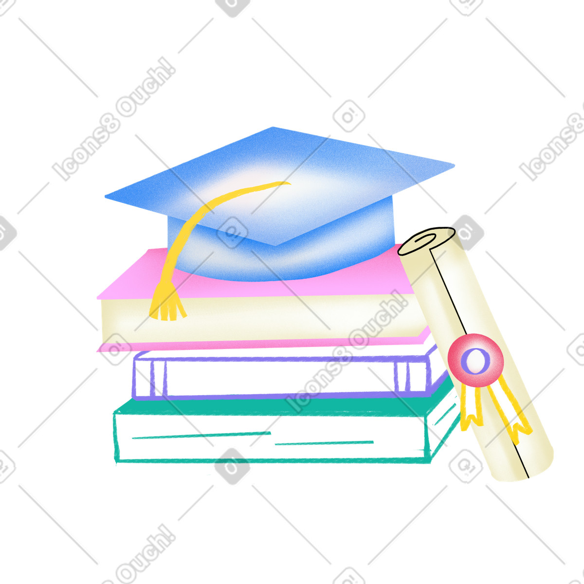 Graduation cap on books with diploma illustration Bachelor's degree clipart graphics vectors