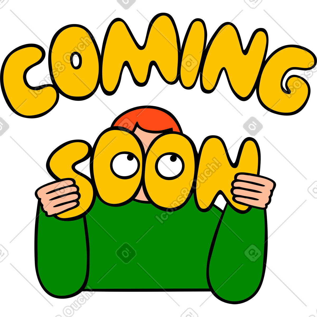 Man holding text coming soon lettering illustration in Comic style download in PNG, SVG