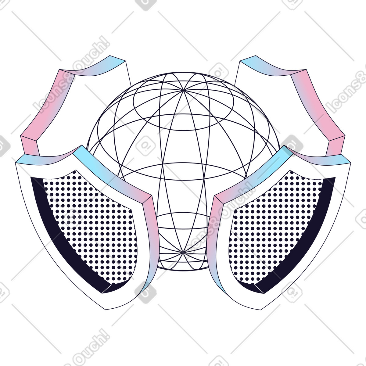 Globo wireframe circondato da scudi, sicurezza della rete globale, protezione dei dati internet e privacy illustrazione in stile Node scarica in PNG, SVG