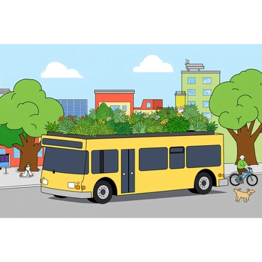 A large public bus with a vibrant green rooftop garden filled with various plants and flowers. The bus has large windows and a bright yellow exterior. It is driving along a wide street in an eco-friendly city. Next to the bus, there are several trees with thick trunks and lush green leaves, as well as colorful buildings made from sustainable materials. In the background, solar panels can be seen on the rooftops of some buildings. The sky is clear with a few fluffy clouds. Pedestrians on the sidewalk are enjoying the sunny day, some riding bicycles and others walking their dogs.