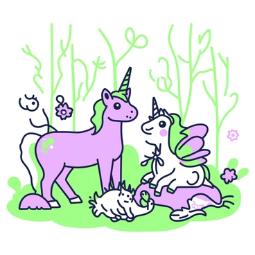 A collection of magical creatures is gathered in a lush forest setting. In the center, a unicorn with a spiraled horn stands gracefully, its mane flowing gently. Next to the unicorn, a fairy with delicate wings flits about, adorned with tiny flowers in her hair. Nearby, a small dragon with shimmering scales sits on a rock, its eyes wide and curious. A pair of playful sprites can be seen darting around, each leaving a trail of sparkles behind them. The background features tall trees with twisting branches and a soft, dappled light filtering through the leaves.