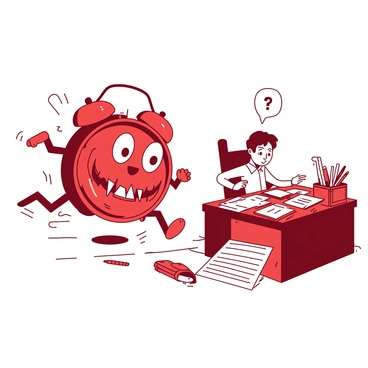 A red alarm clock with exaggerated features, including large eyes and sharp teeth, is depicted as a playful monster. The clock has arms and legs, sprinting after a white figure representing a procrastinator. The procrastinator is a person sitting at a cluttered desk, surrounded by unfinished tasks and distractions, looking back with a surprised expression. Papers and pens are scattered around, emphasizing the chaotic scene. The monster's clock hands are spinning rapidly as it approaches, adding a sense of urgency to the chase.