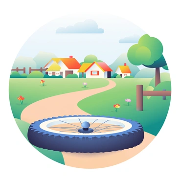 A close-up view of a bike tire is prominently featured, resting on a dirt path. The dirt path is winding through a quaint countryside village, surrounded by lush green grass and colorful wildflowers. In the background, small, charming cottages with thatched roofs and wooden fences are visible. A few trees provide shade along the path, their leaves gently rustling in the breeze. The sky above is clear with a few scattered clouds, adding to the pastoral scene.