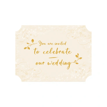 A wedding invitation card with a rectangular shape featuring a textured cream background. The card is adorned with intricate floral patterns embossed in gold, creating a luxurious appearance. The edges of the card are elegantly scalloped. In the center, there are elegant script fonts that read "You are invited to celebrate our wedding" in gold lettering. Additional decorative elements include small golden leaves and delicate vines that frame the text. The overall aesthetic is sophisticated and inviting, perfect for a wedding celebration.